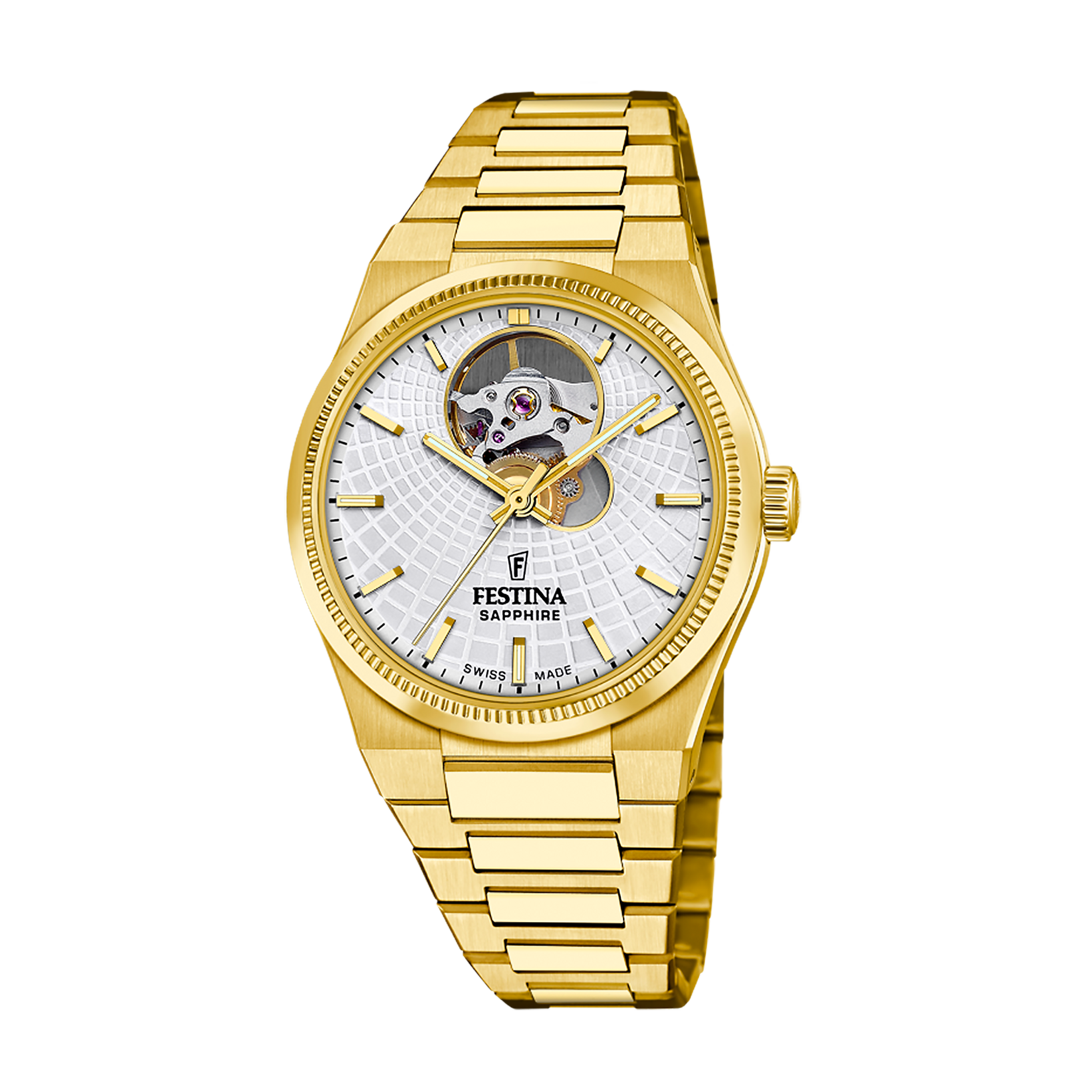 Festina Rivé Damenarmbanduhr: goldfarbenes Metallband, silbernes Skelettzifferblatt
