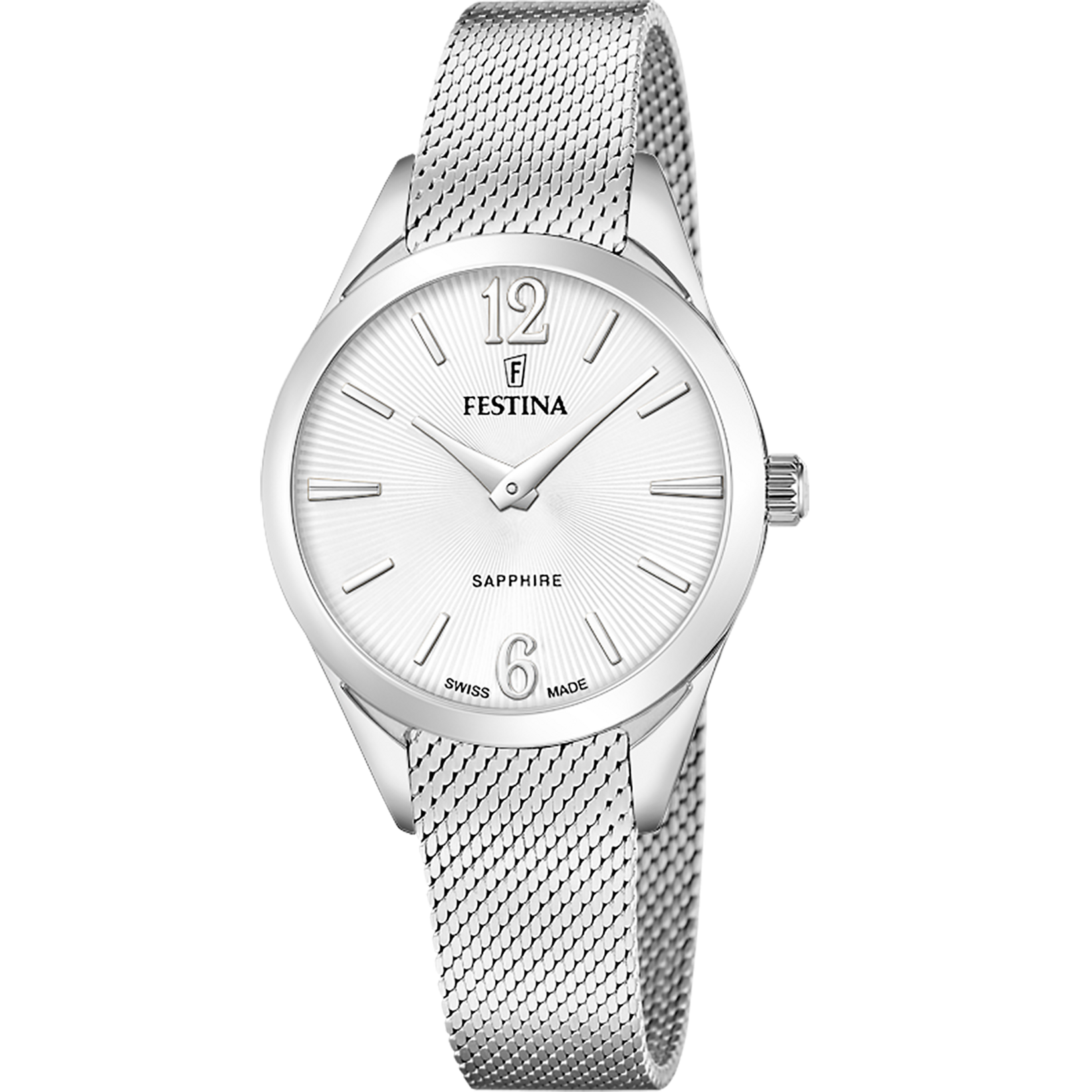 Festina Damenuhr mit silbernem Mesh-Armband, silbernem Zifferblatt und Saphirglas