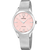 Silberne Damenuhr mit rosafarbenem Zifferblatt und Metallgeflecht-Armband