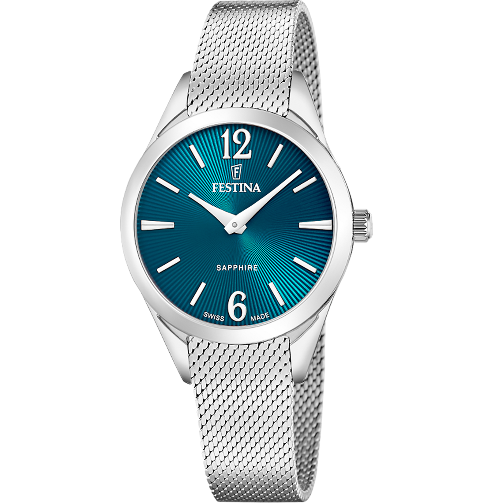 Damenuhr mit silbernem Mesh-Armband und blauem Zifferblatt, Saphirglas