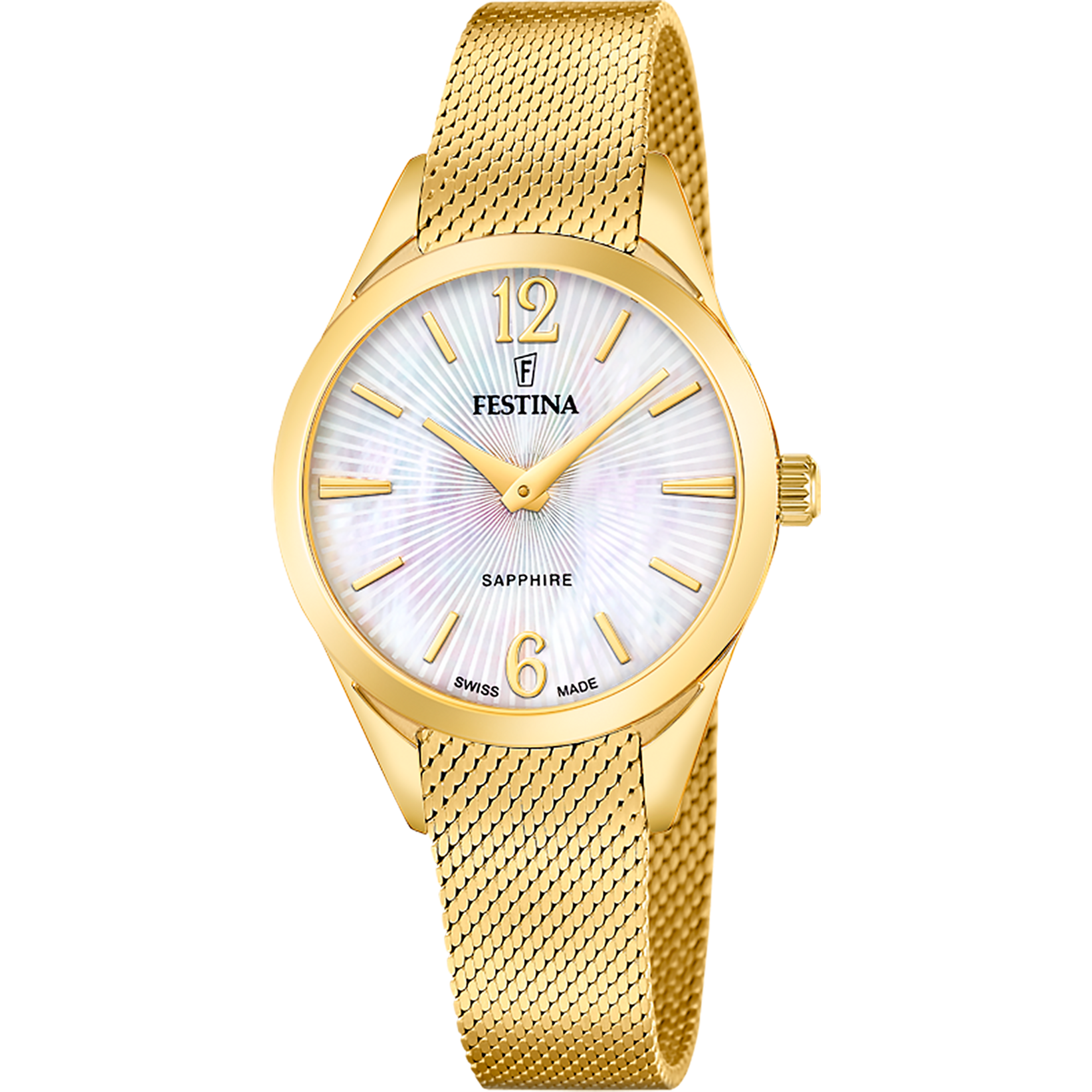 Festina Damenuhr mit goldfarbenem Meshband, rundem Gehäuse und perlmuttweißem Zifferblatt