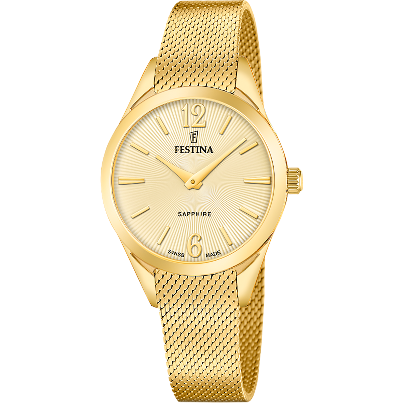 Goldfarbene Damenuhr mit Saphirglas, rundem Zifferblatt und Mesh-Armband