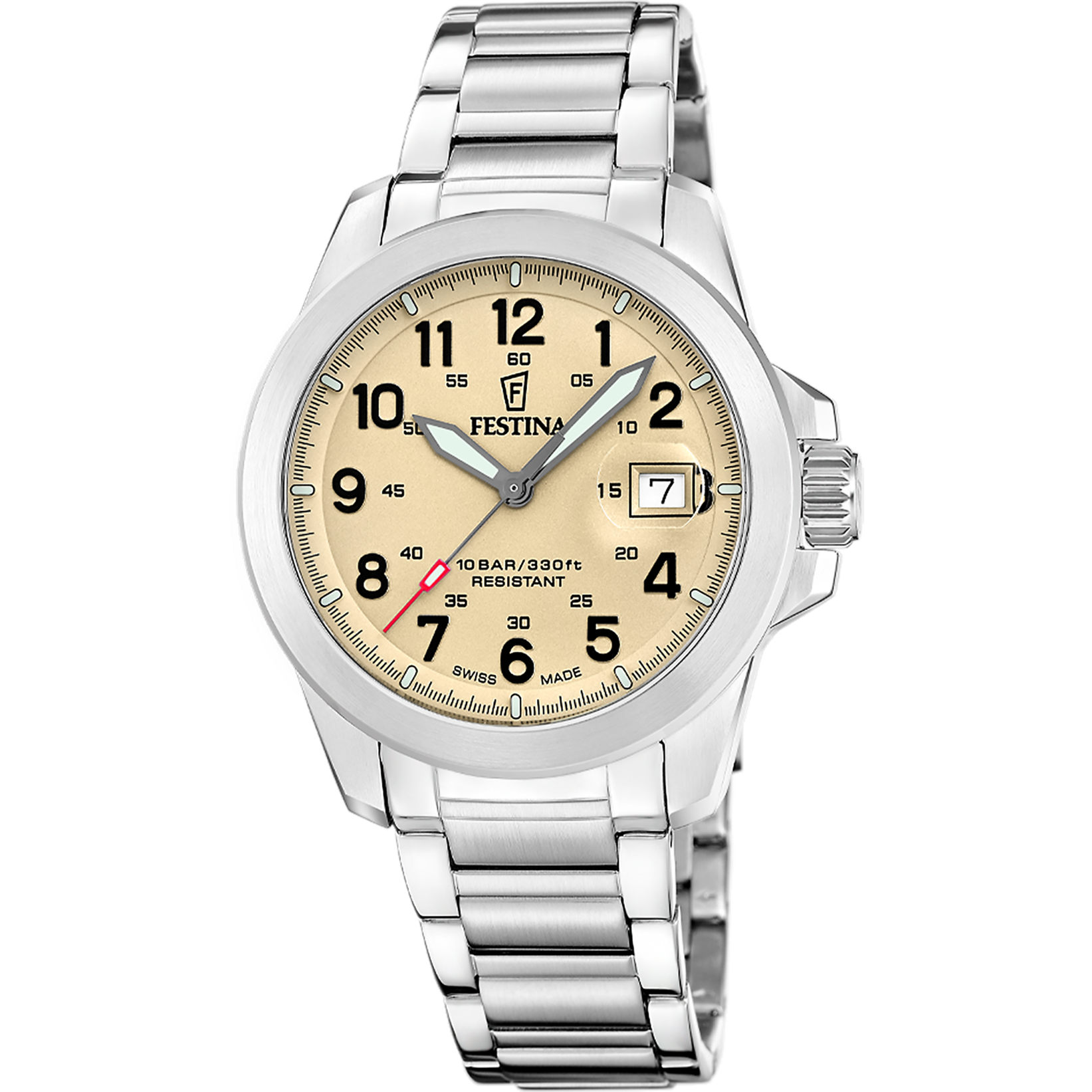 Festina Herrenuhr mit silbernem Edelstahlband und rundem Zifferblatt mit arabischen Zahlen