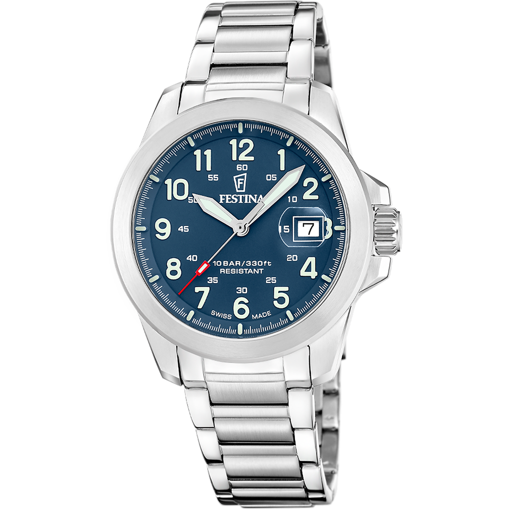Festina Herrenuhr mit blauem Zifferblatt, Edelstahlband und Datumsanzeige