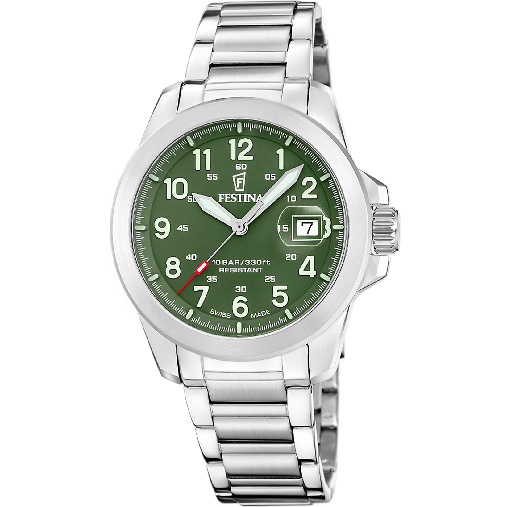 Festina-Herrenuhr mit silbernem Metallarmband, grünem Zifferblatt und Datumsfenster