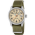 Herrenarmbanduhr mit silberfarbenem Gehäuse, beigem Zifferblatt und grünem Textilband