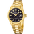 Herrenarmbanduhr: goldfarbenes Metallband, schwarzes Zifferblatt, Datumsfenster bei 10