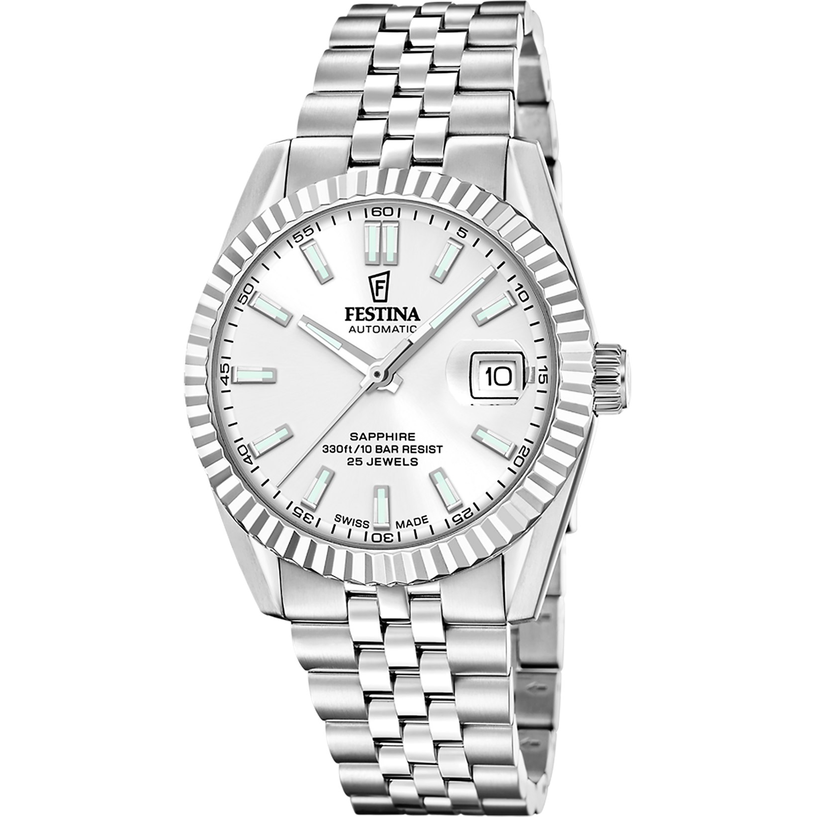 Herrenarmbanduhr mit silbernem Zifferblatt und Metallarmband, Datumsanzeige bei 3