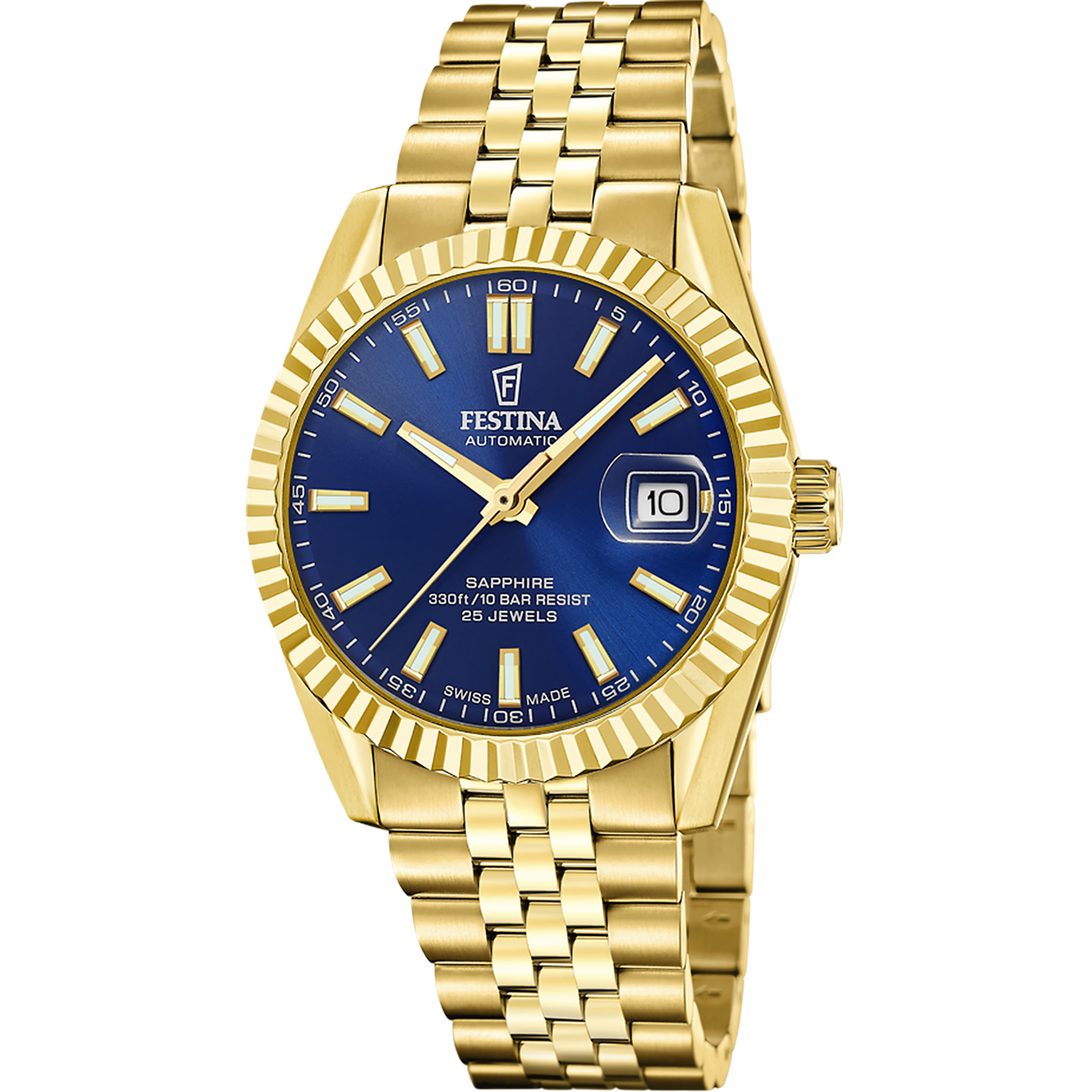 Goldene Herrenuhr mit blauem Zifferblatt, Datumsfenster und Edelstahlarmband