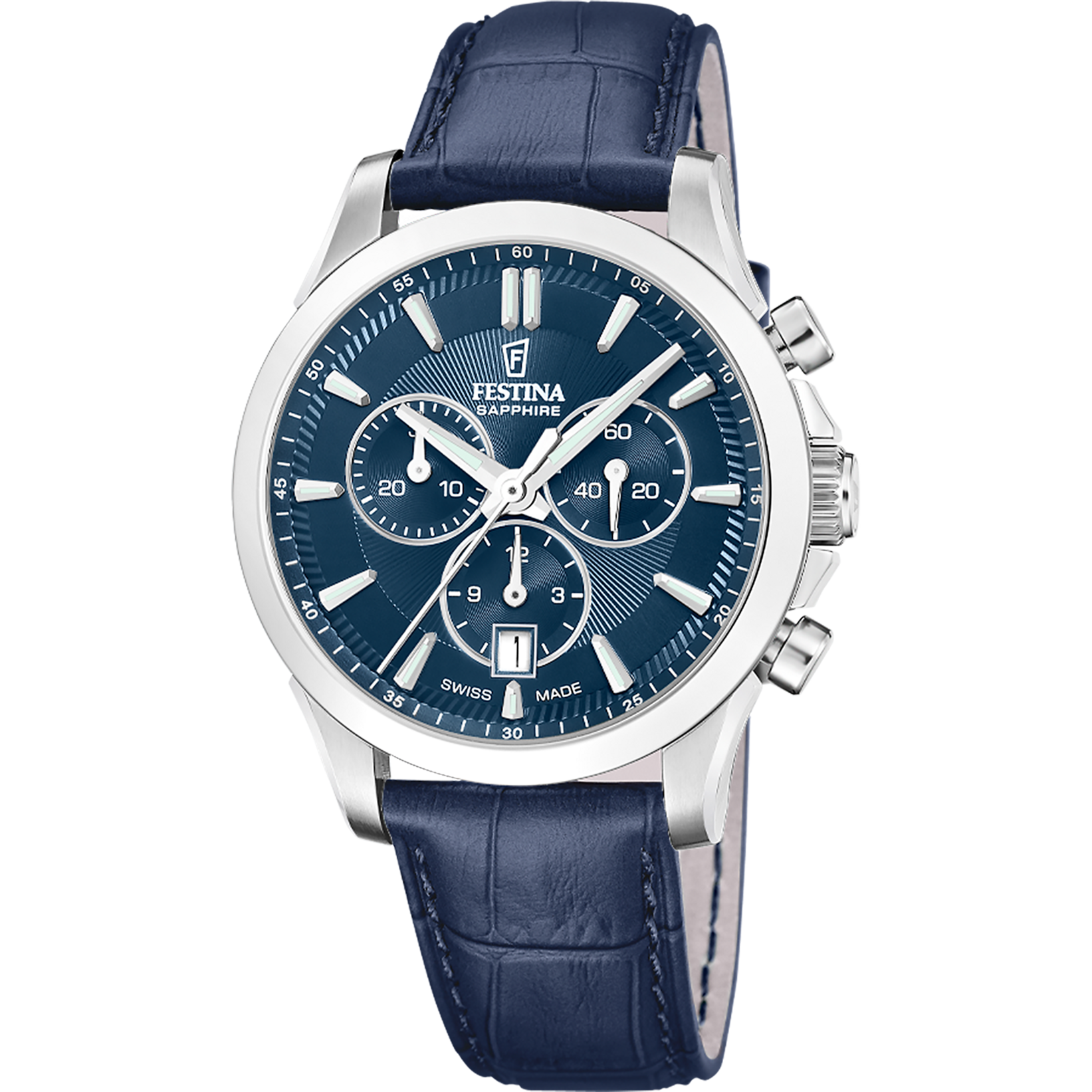 Festina Herrenuhr Chronograph: blaues Zifferblatt, Saphirglas, Lederarmband dunkelblau