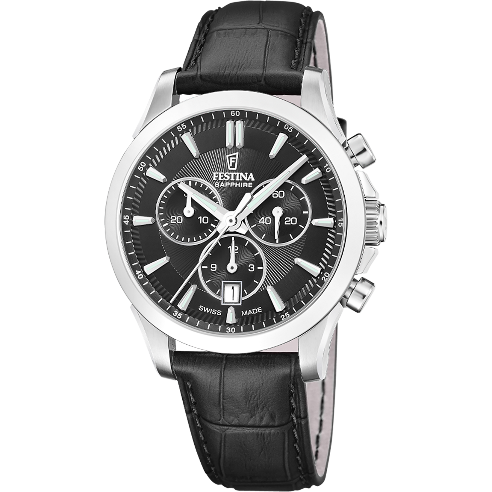 Herren-Armbanduhr: schwarzes Lederarmband, silbernes Gehäuse, schwarzes Chronograph-Zifferblatt