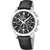 Herren-Armbanduhr: schwarzes Lederarmband, silbernes Gehäuse, schwarzes Chronograph-Zifferblatt