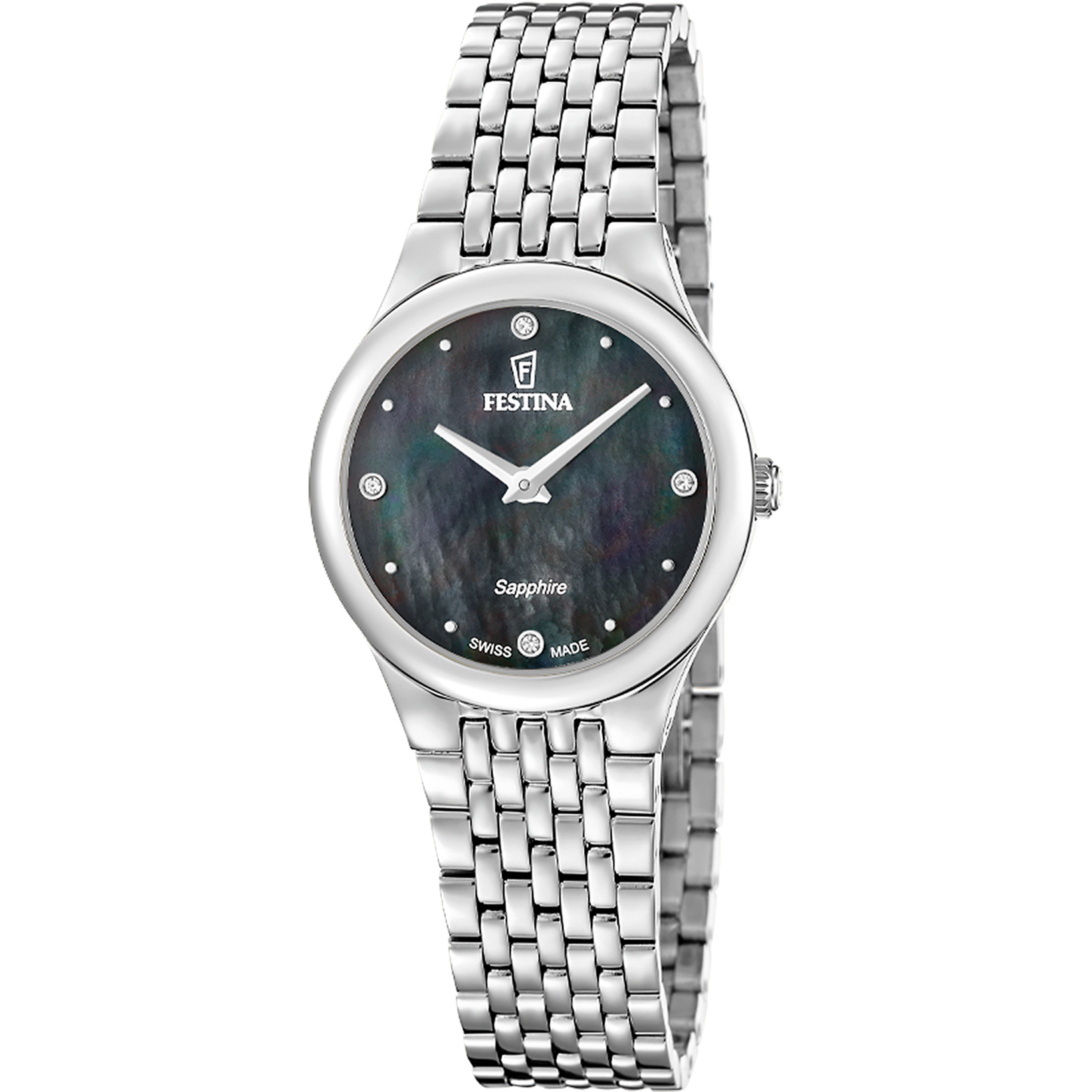 Festina Damenuhr mit Edelstahlarmband, dunklem Zifferblatt und Zeigern