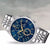 Chronographe pour homme avec cadran bleu, boîtier et bracelet en acier inoxydable, vue latérale