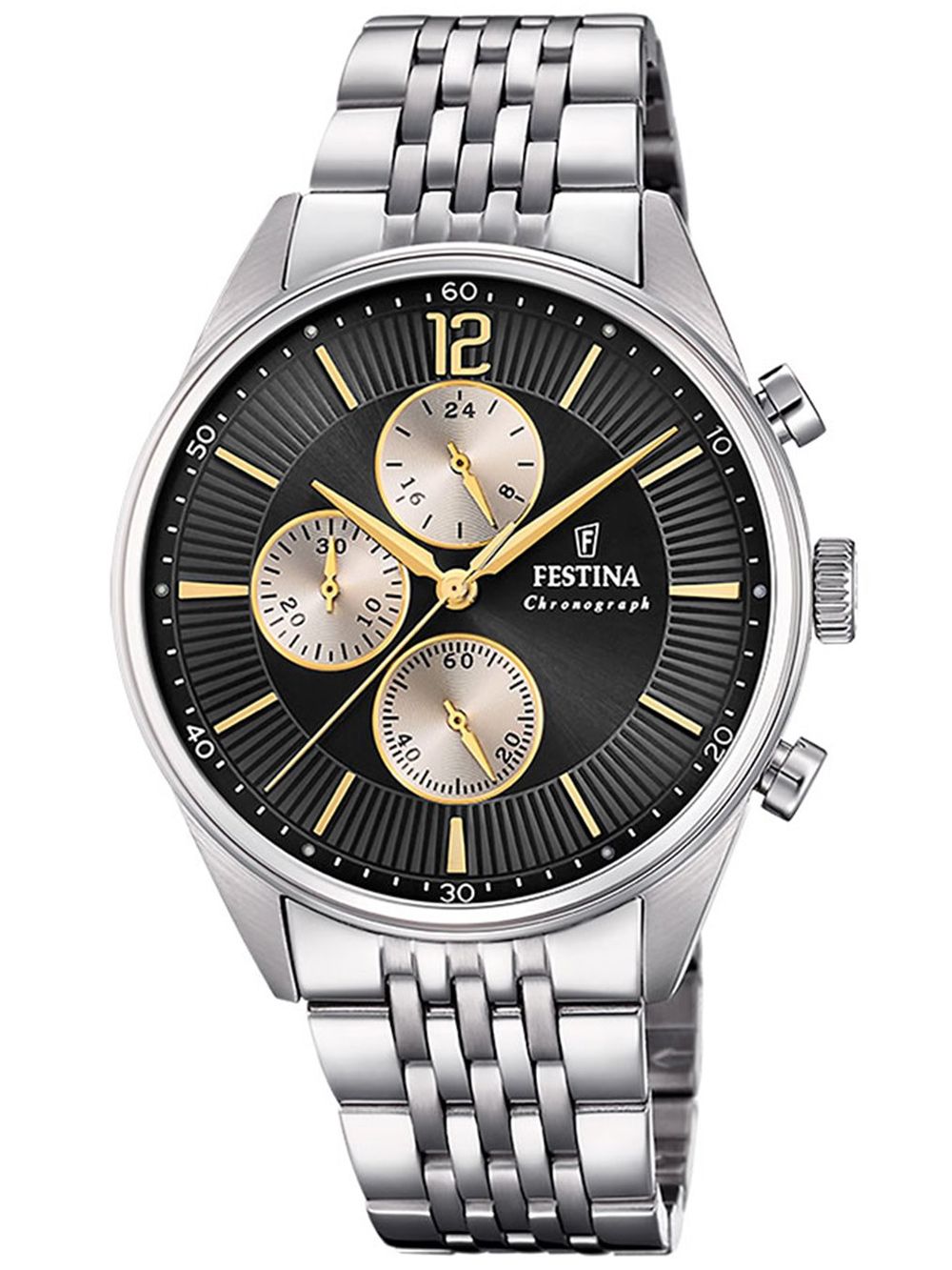Herrenuhr mit silbernem Edelstahlarmband und schwarzem Zifferblatt, Chronograph-Subdials