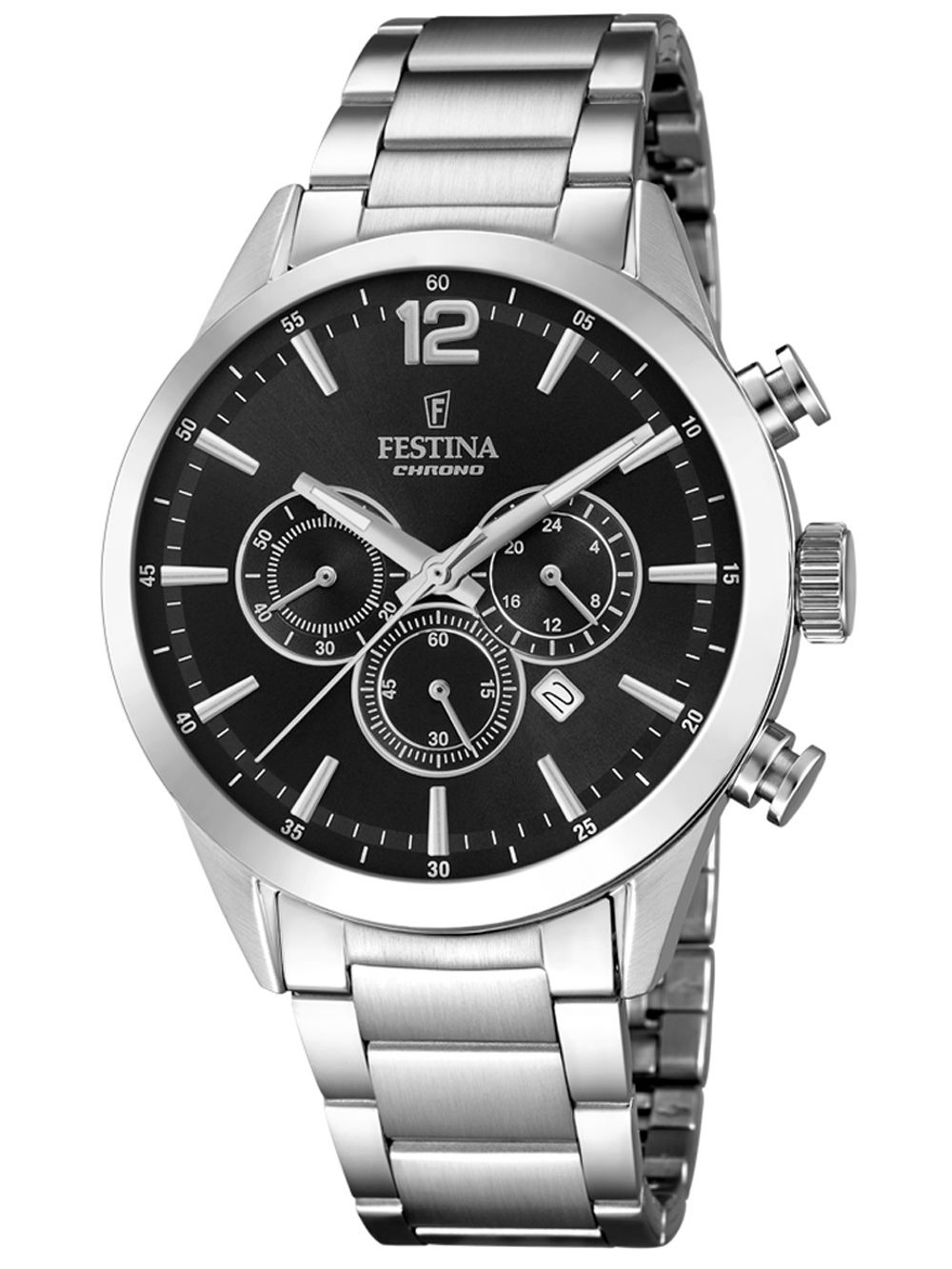 Festina Chronograph Herrenuhr mit schwarzem Zifferblatt und Edelstahlarmband