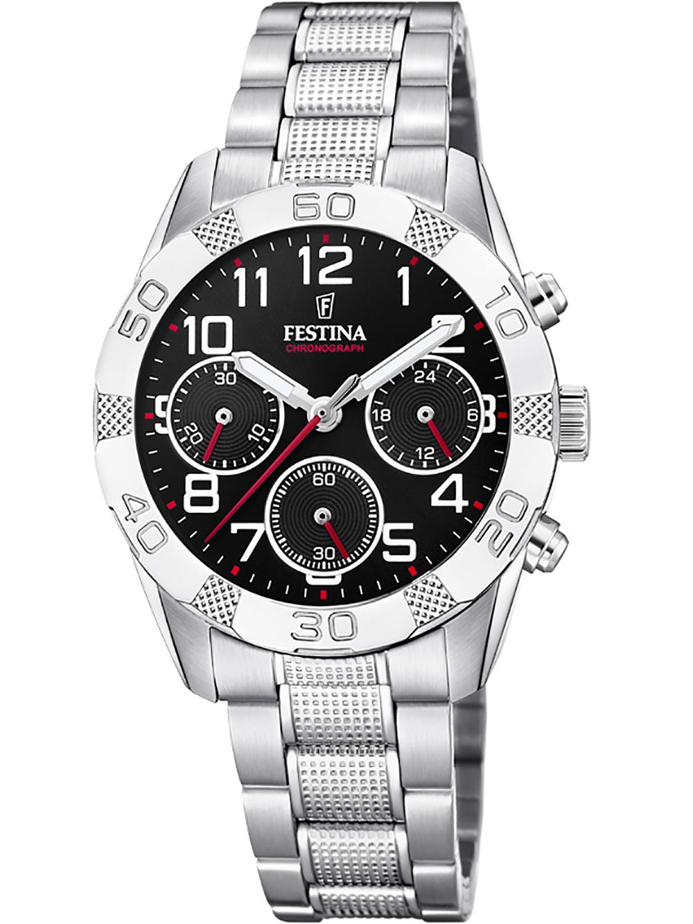 Festina Kinderuhr mit schwarzem Zifferblatt, Chronograph, Edelstahlarmband und Metallgehäuse