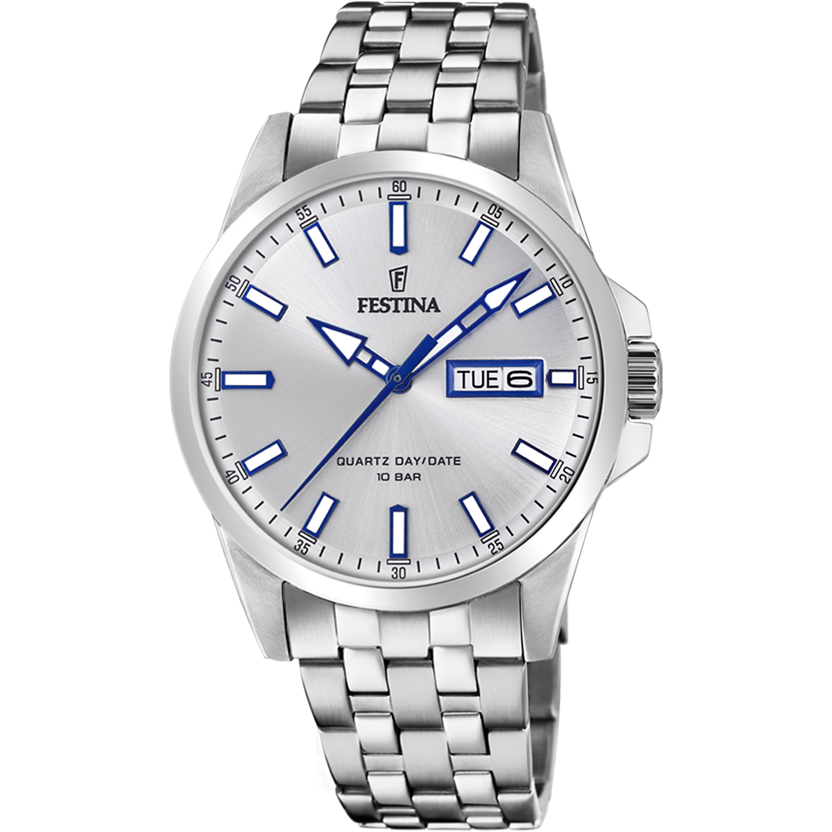 Festina Herrenarmbanduhr mit silbernem Metallarmband, blauem Zifferblatt, Datumsanzeige
