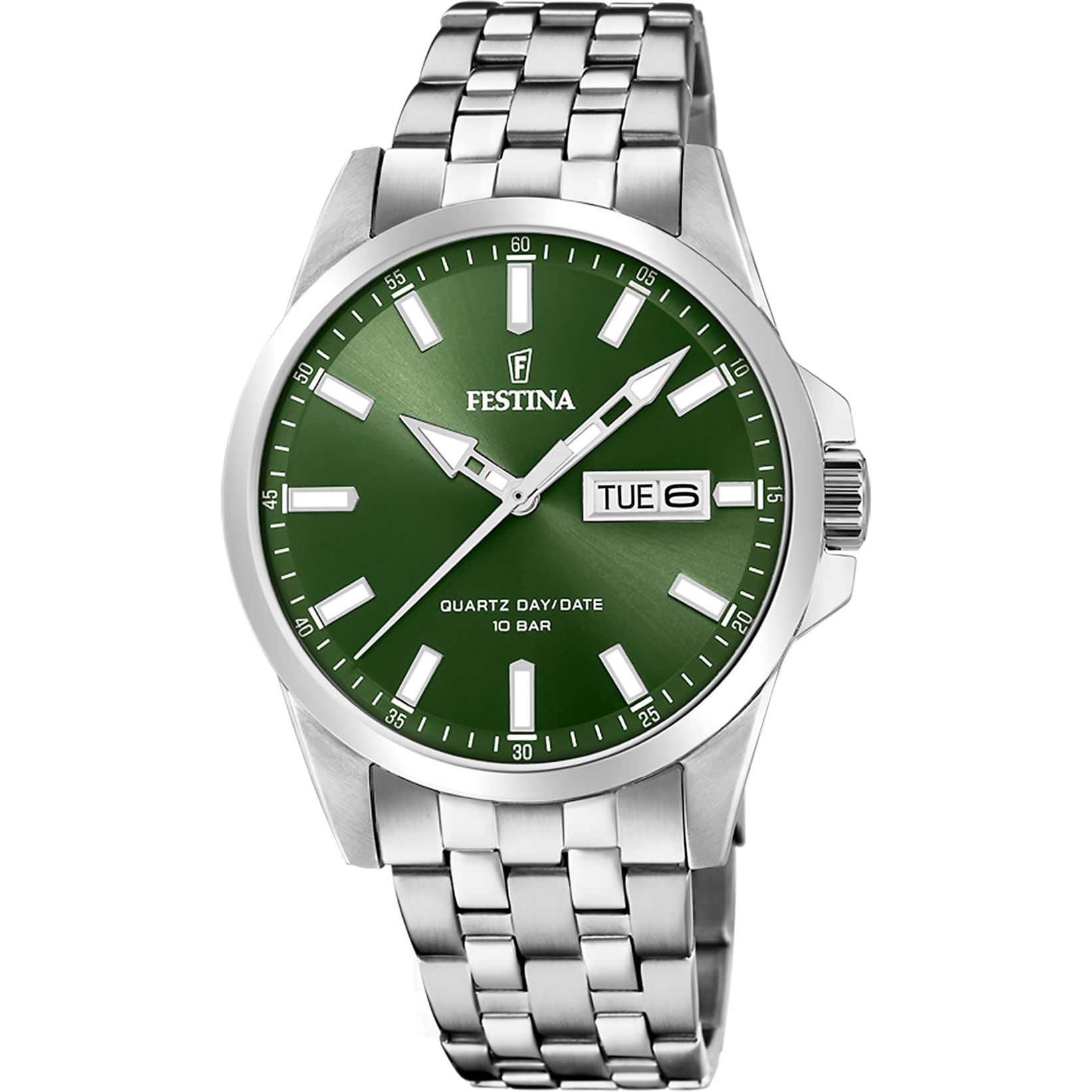 FESTINA Herrenuhr mit grünem Zifferblatt, Datumsanzeige und Edelstahlband