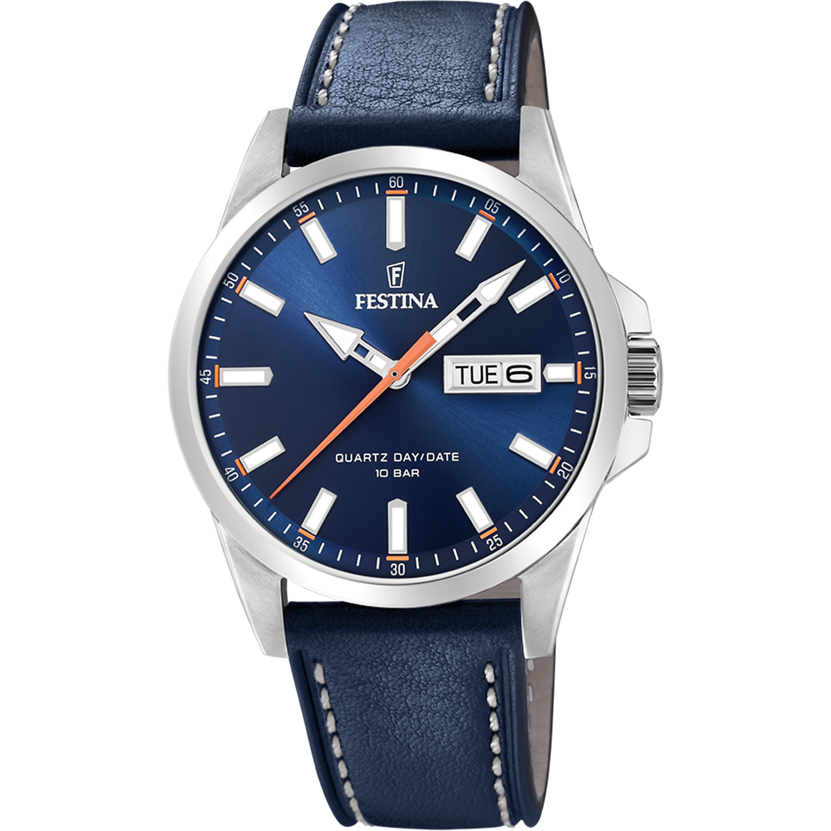 Herrenarmbanduhr: blaues Zifferblatt mit Datum, blaues Lederarmband, silbernes Gehäuse