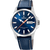 Herrenarmbanduhr: blaues Zifferblatt mit Datum, blaues Lederarmband, silbernes Gehäuse