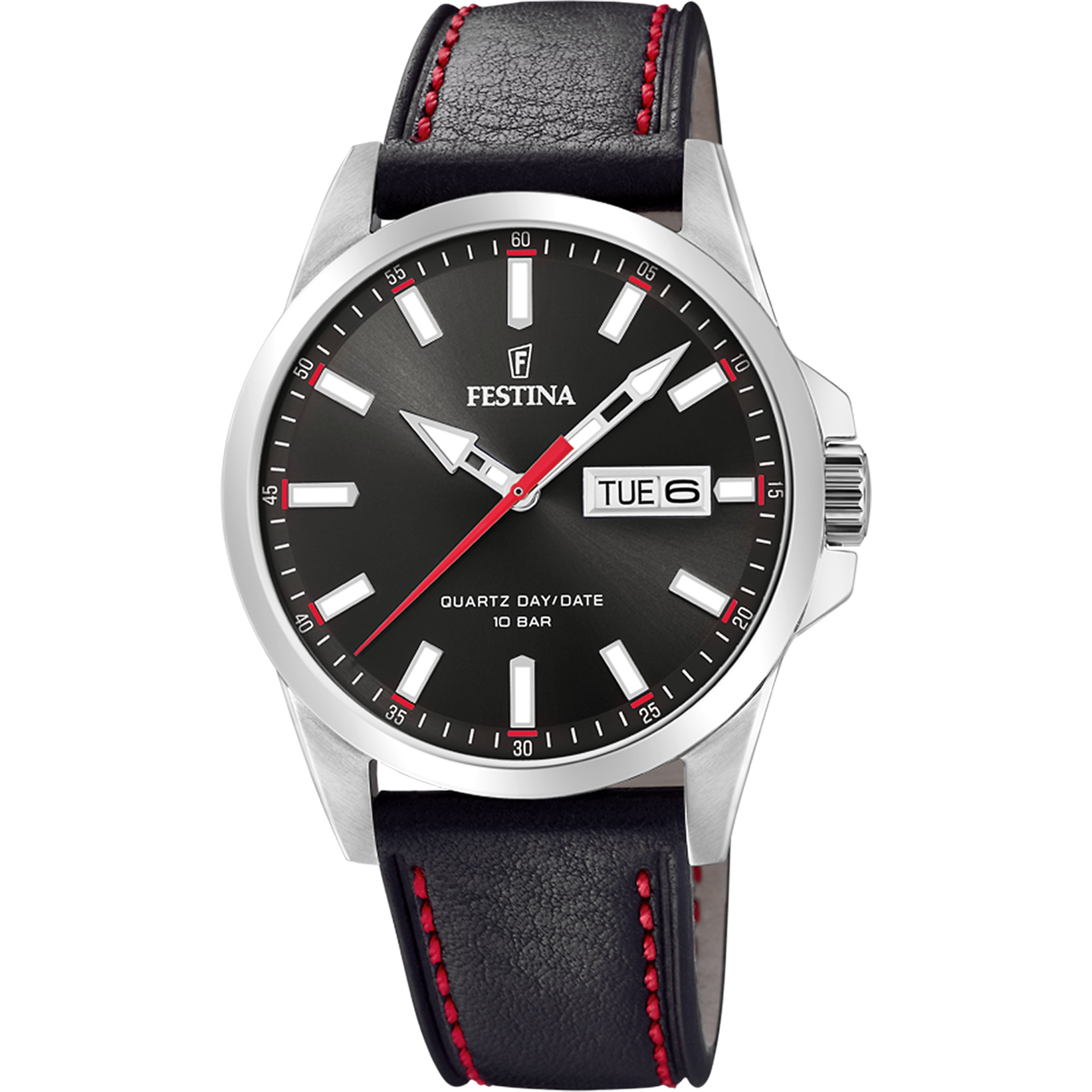 Herrenarmbanduhr mit schwarzem Zifferblatt, roten Akzenten und schwarzem Lederband