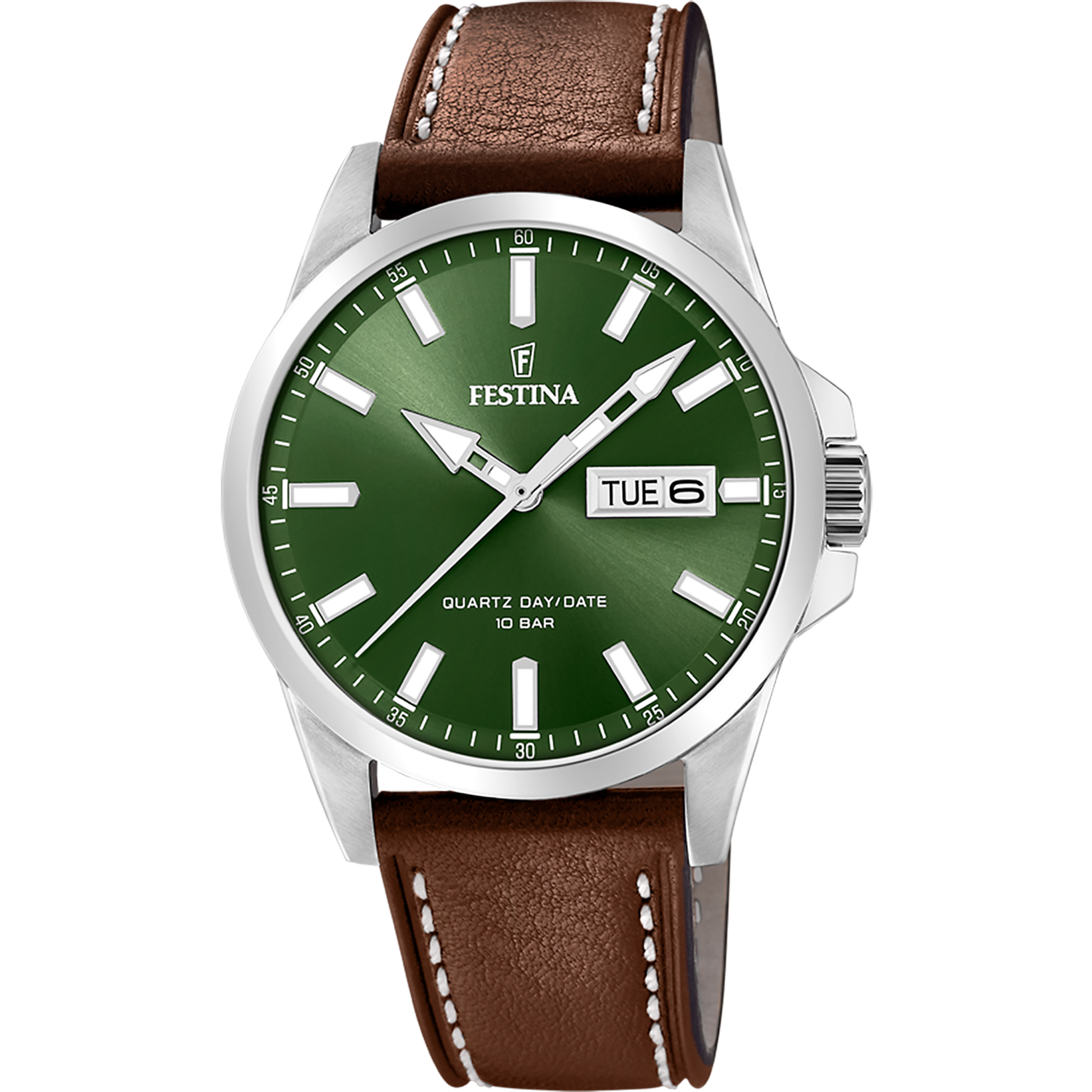 Grüne Herrenuhr mit braunem Lederband, Analoganzeige und Datumsfenster