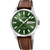 Grüne Herrenuhr mit braunem Lederband, Analoganzeige und Datumsfenster