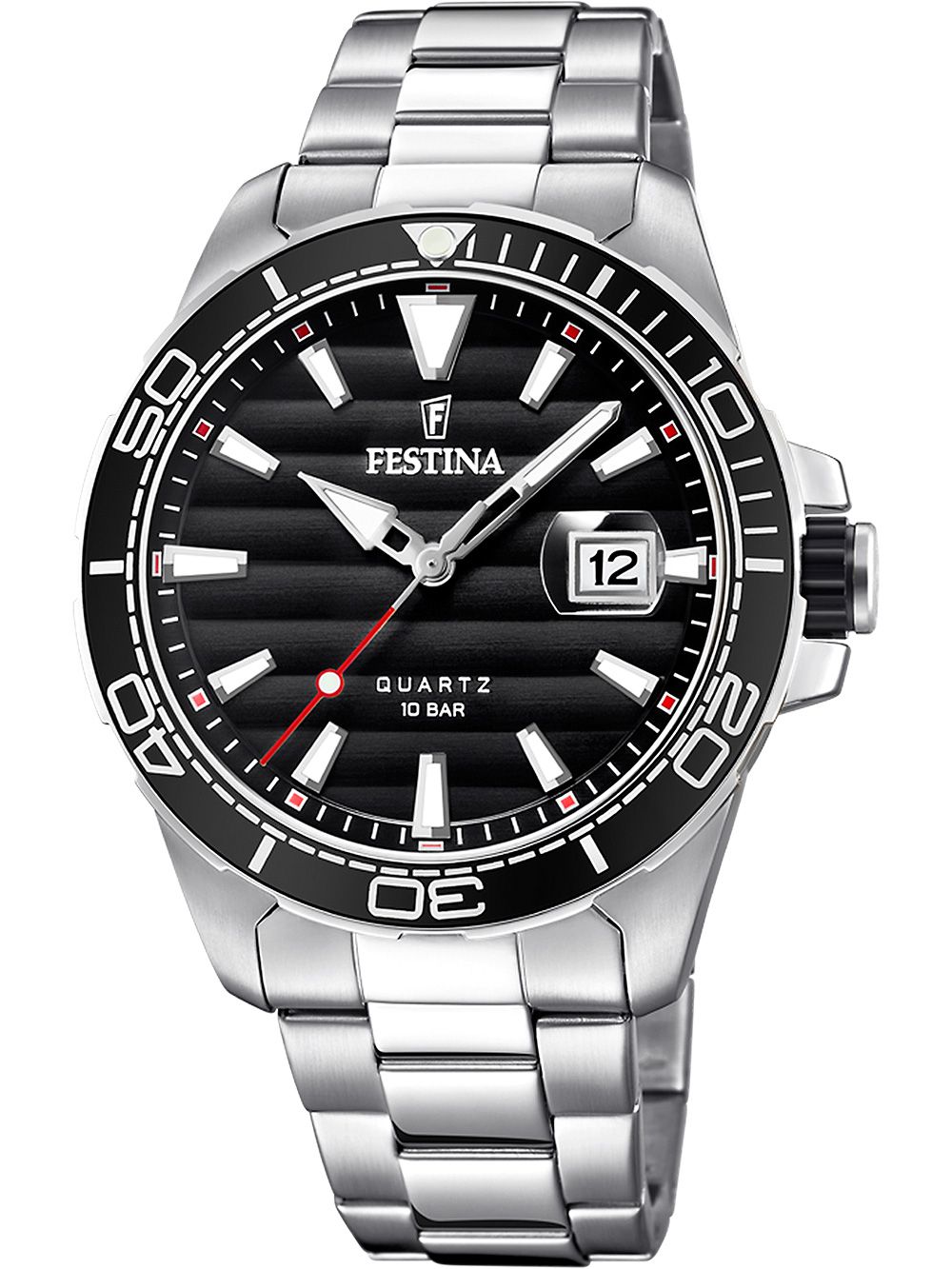 Festina Prestige Herrenuhr mit schwarzem Zifferblatt, Stahlarmband und Drehlünette