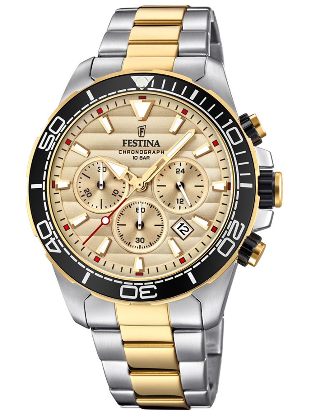 Festina Herren-Chronograph mit bicolor Edelstahlband, beiger Zifferblatt, schwarzer Lünette