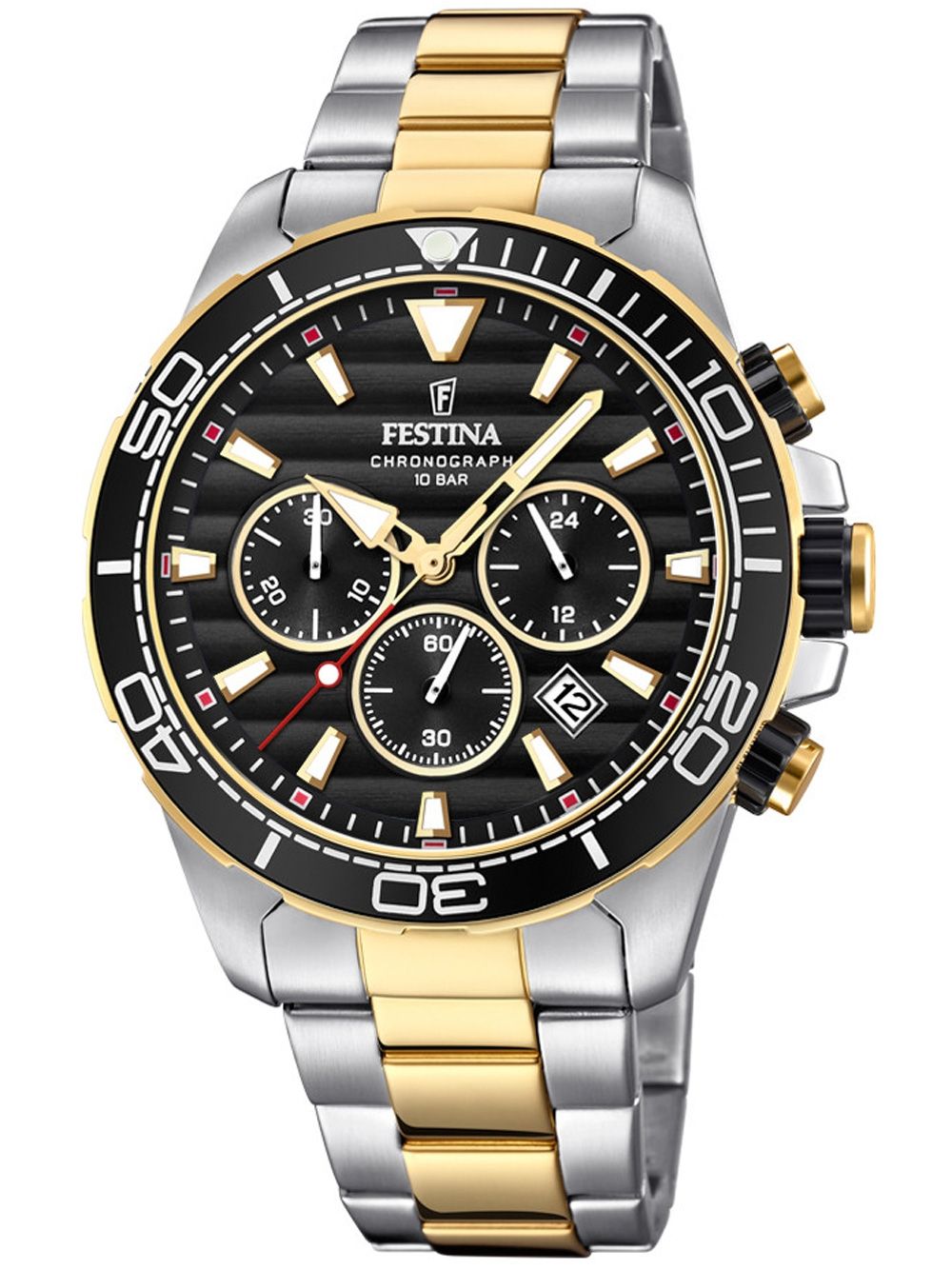 Festina Chronograph-Herrenuhr bicolor: schwarzes Zifferblatt mit Datum