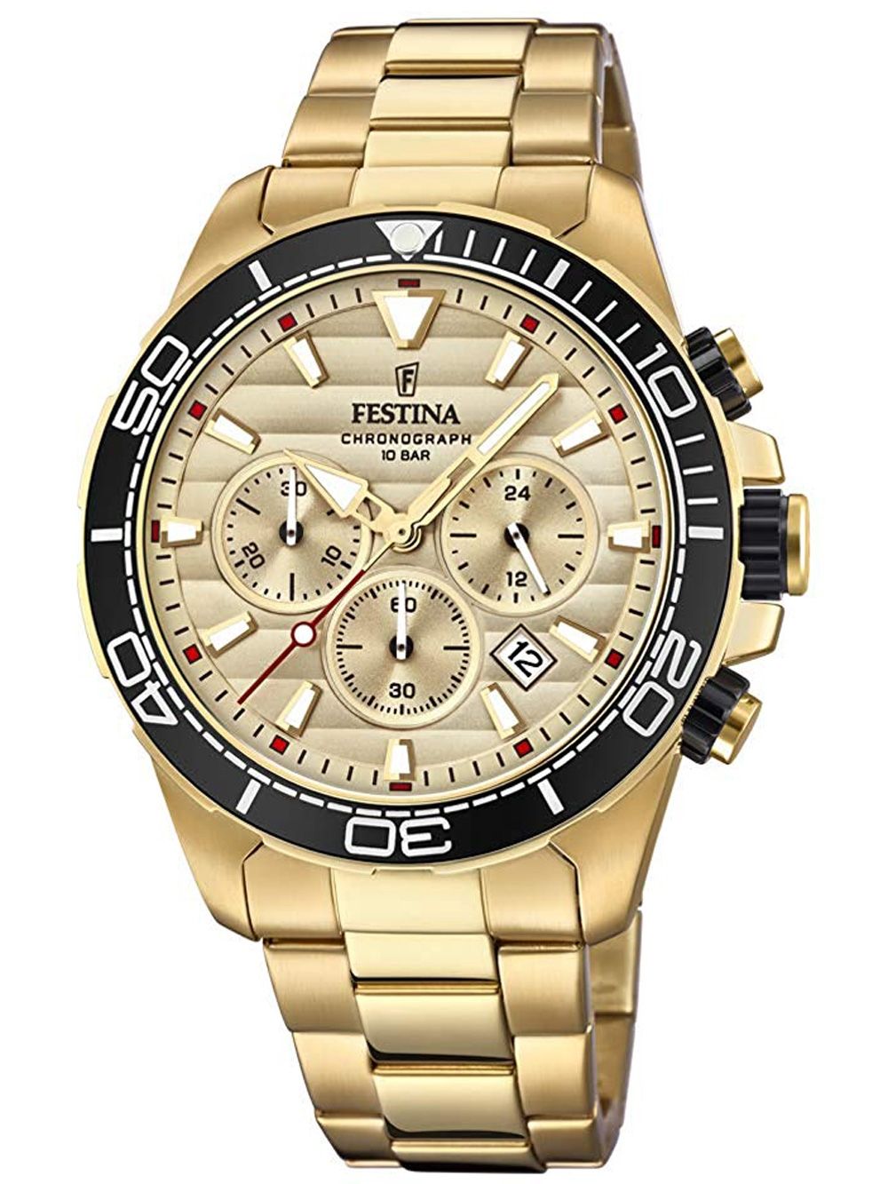 Chronograph Herrenuhr in goldfarbenem Edelstahl mit Mineralglas, schwarzer Lünette