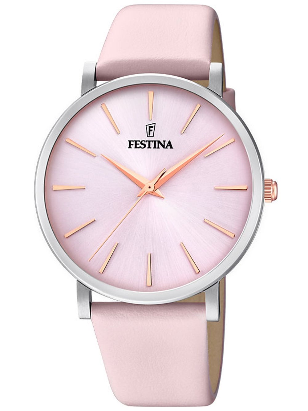 Damenuhr Festina mit rosa Lederarmband, silbernem Gehäuse und roségoldenen Zeigern