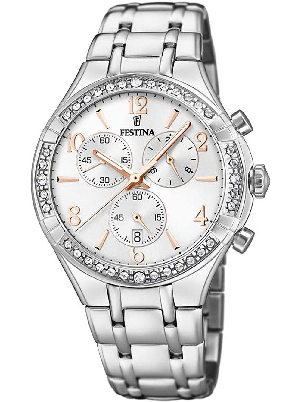 Festina Damen-Armbanduhr mit silbernem Edelstahlband und Chronograph-Zifferblatt, Strass-Lünette