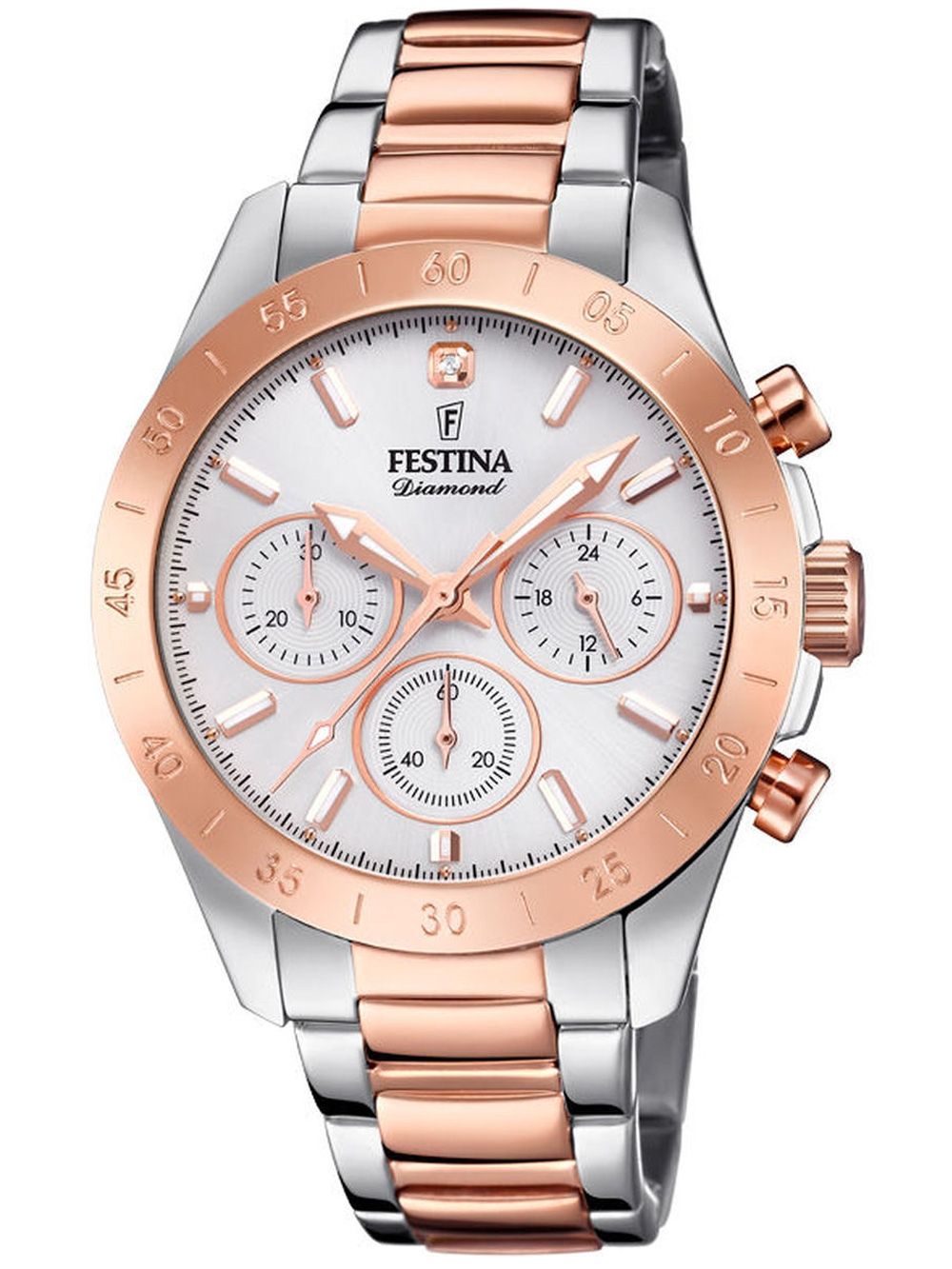 Festina Damenuhr mit Chronograph, Metallband Roségold/Silber und roséfarbenem Zifferblatt