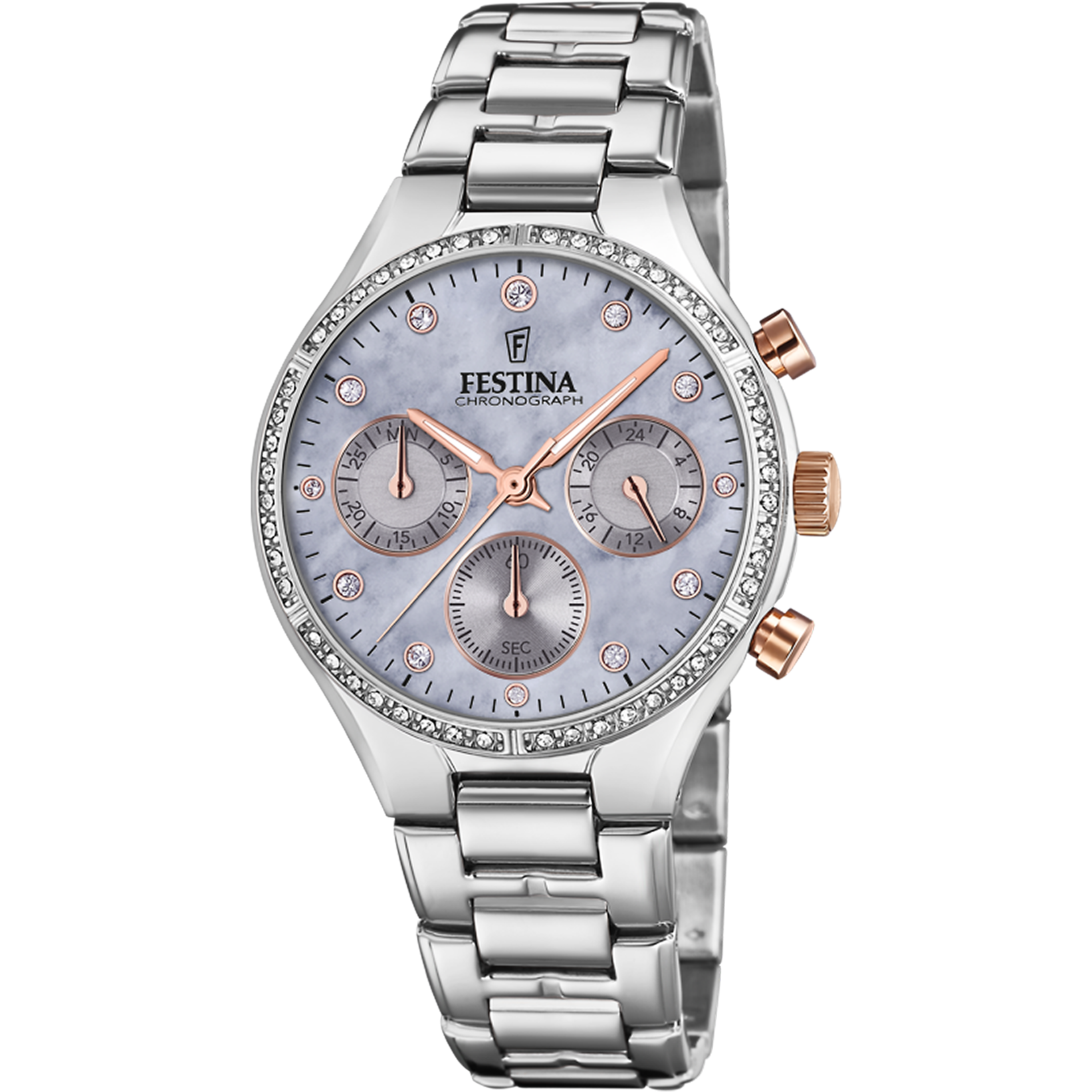 Festina Damenuhr Boyfriend mit Chronograph, silberfarbenem Edelstahlarmband, hellgrauem Ziffernblatt.