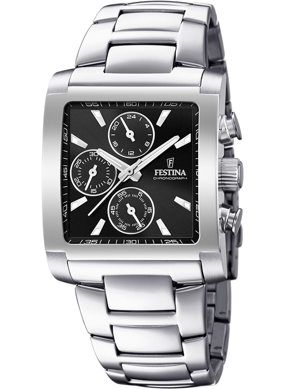 Festina Herrenuhr mit Chronograph, schwarzem Zifferblatt und Edelstahlarmband