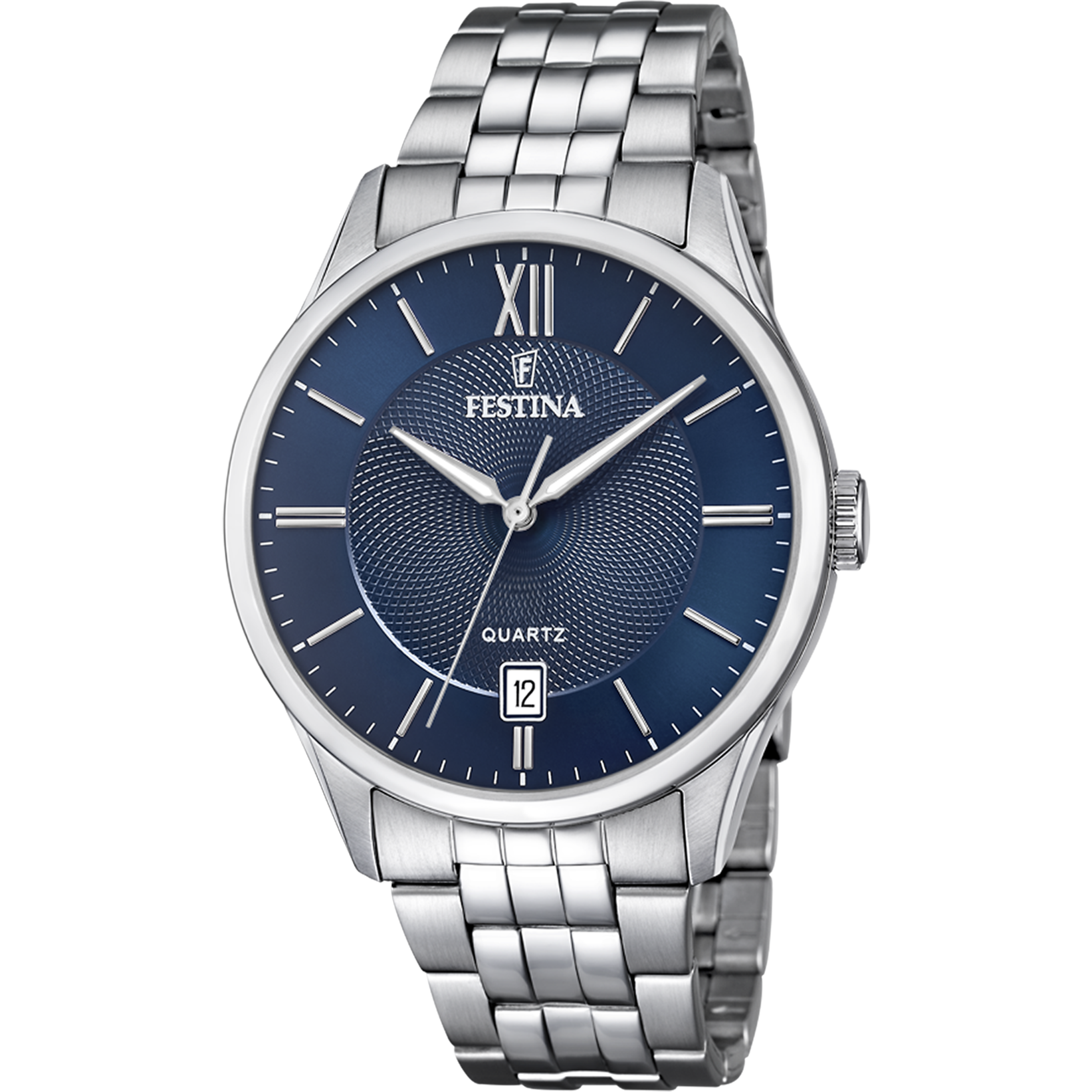 Festina Herrenarmbanduhr mit silbernem Metallband, blauem Zifferblatt und Datumsfenster