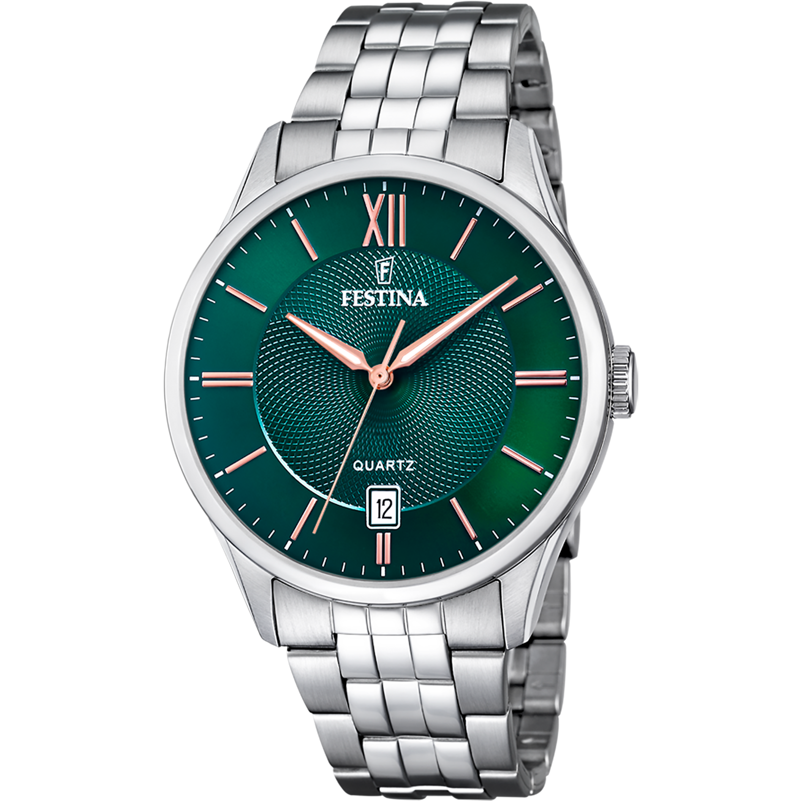 Festina Herrenuhr mit grünem Zifferblatt und Edelstahlarmband, runde Analoguhr mit Datumsanzeige.