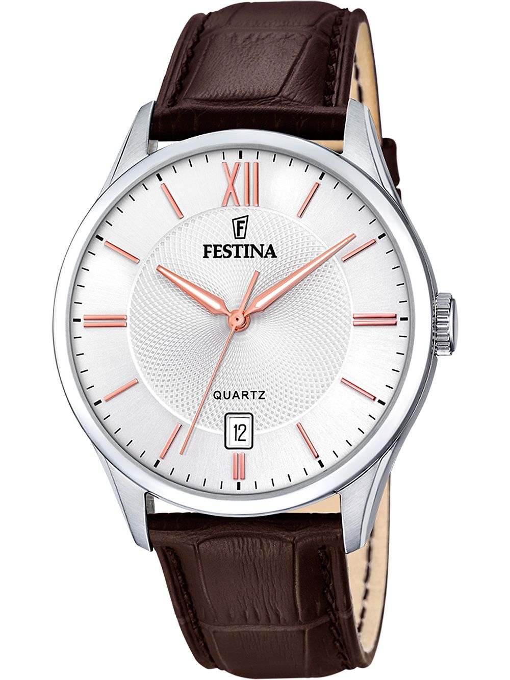 Festina Herrenuhr mit rundem Metallgehäuse, weißem Zifferblatt und braunem Lederarmband