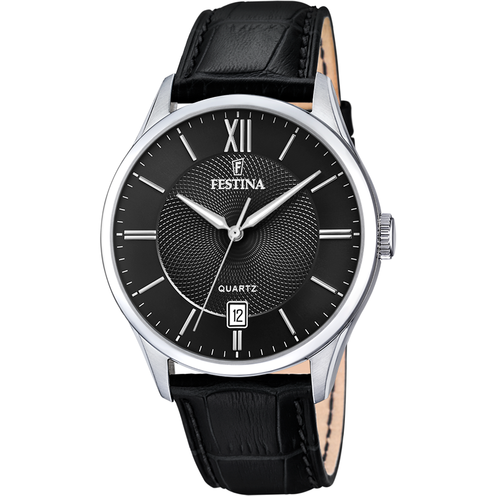 Festina Herrenuhr: schwarzes Lederarmband, silbernes Gehäuse, schwarzes Zifferblatt