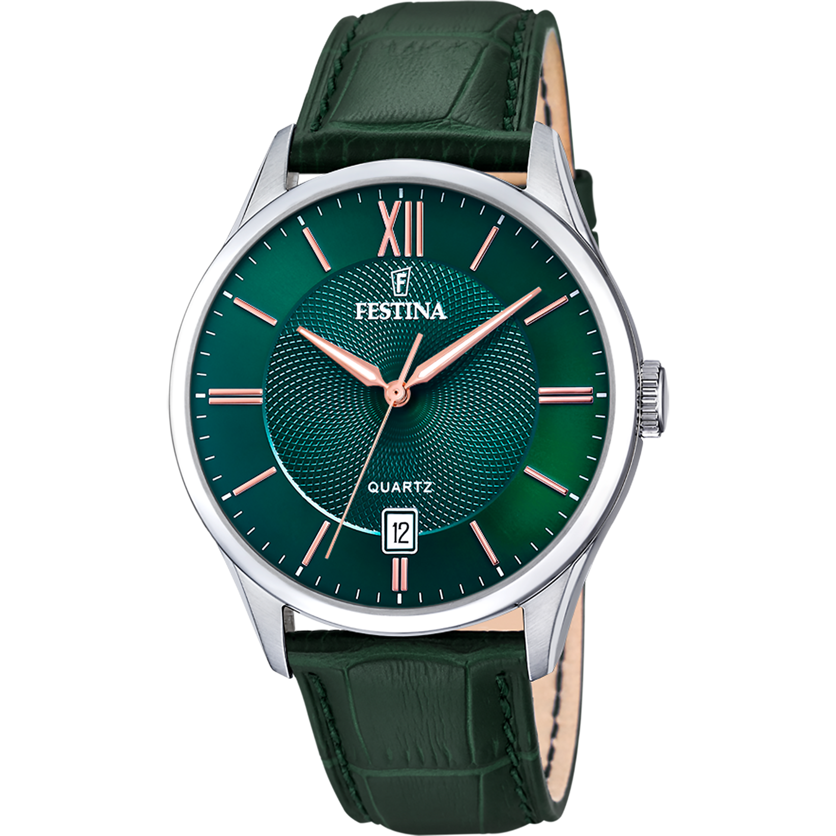 Festina Herrenarmbanduhr: grünes Zifferblatt, Lederarmband grün, Mineralglas