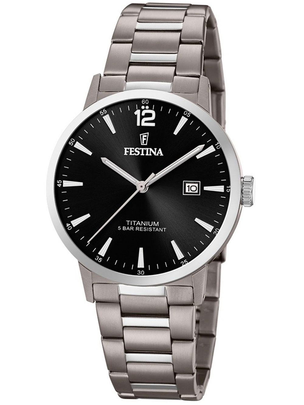 Unisex-Armbanduhr mit schwarzem Zifferblatt, silbernem Titanband und Zeitanzeige