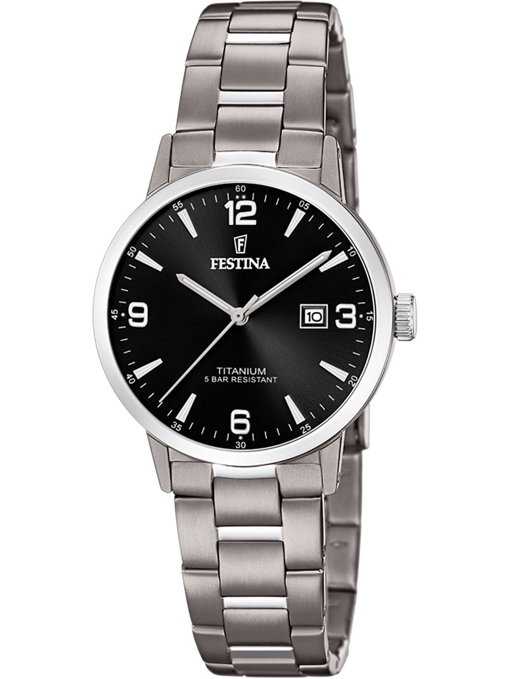 Festina Titanium Damenuhr mit schwarzem Zifferblatt, Metallband und Datumsanzeige
