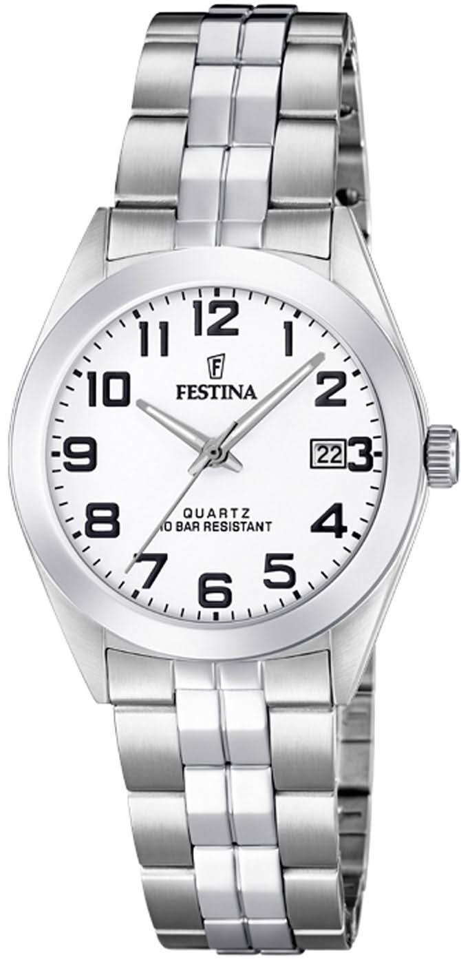 Montre Festina pour femme avec cadran blanc, échelle index noire et bracelet en acier inoxydable