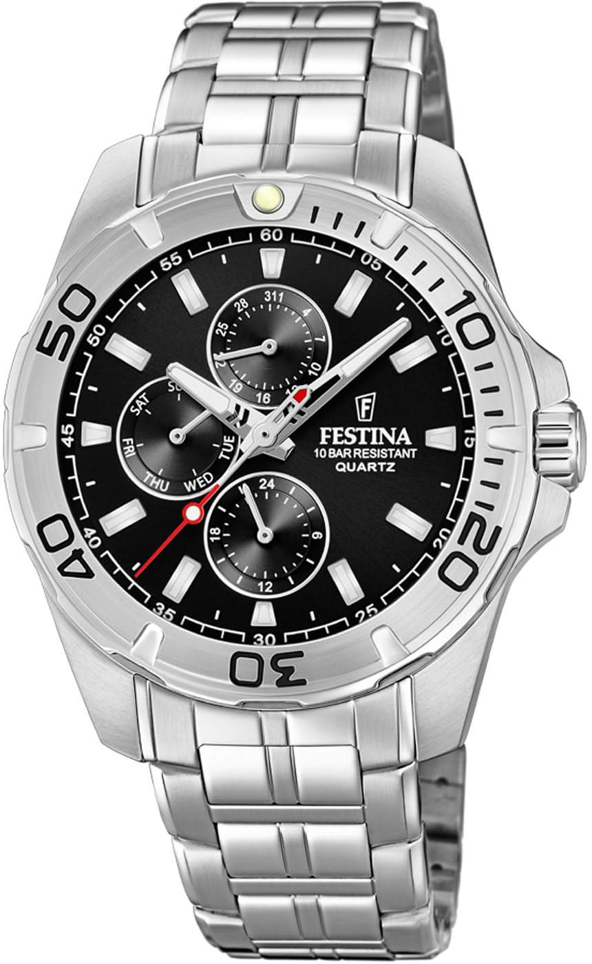 Montre multifonction Festina avec cadran noir et bracelet en acier inoxydable, chronographe