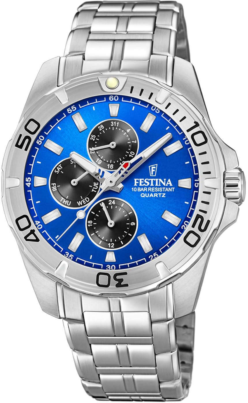Montre Festina pour homme avec cadran bleu, sous-cadrans chronographes et bracelet en acier inoxydable.