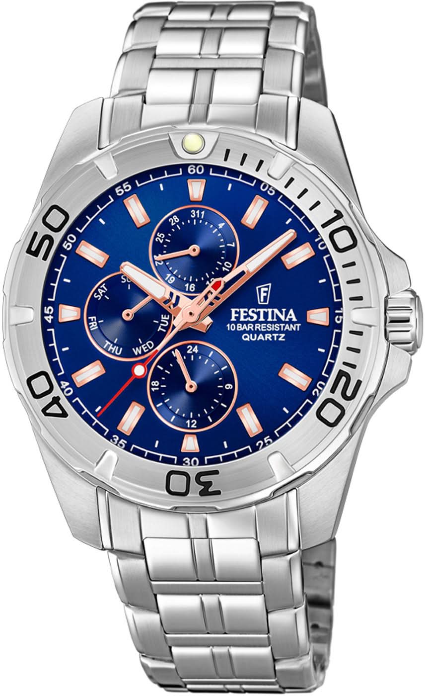 Montre multifonction Festina avec cadran bleu, bracelet en acier argenté et détails chronographe
