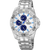 Silberne Herrenuhr mit blauem Zifferblatt, runden Indexen und zwei Hilfszifferblättern