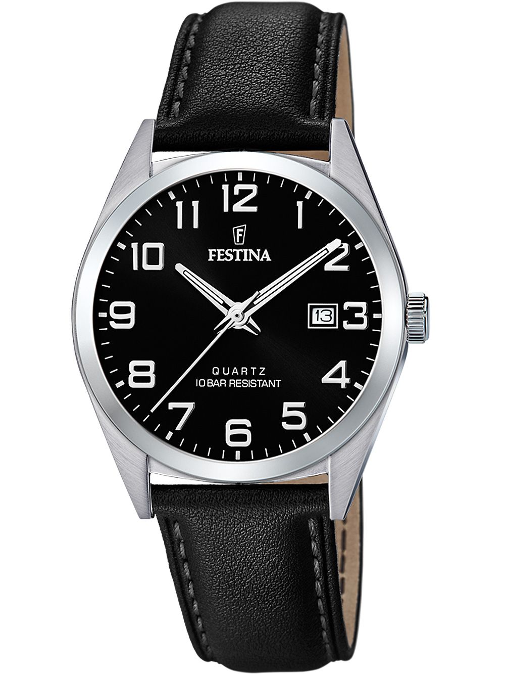 Herrenarmbanduhr FESTINA mit schwarzem Lederarmband und schwarzem Zifferblatt, Dornschließe